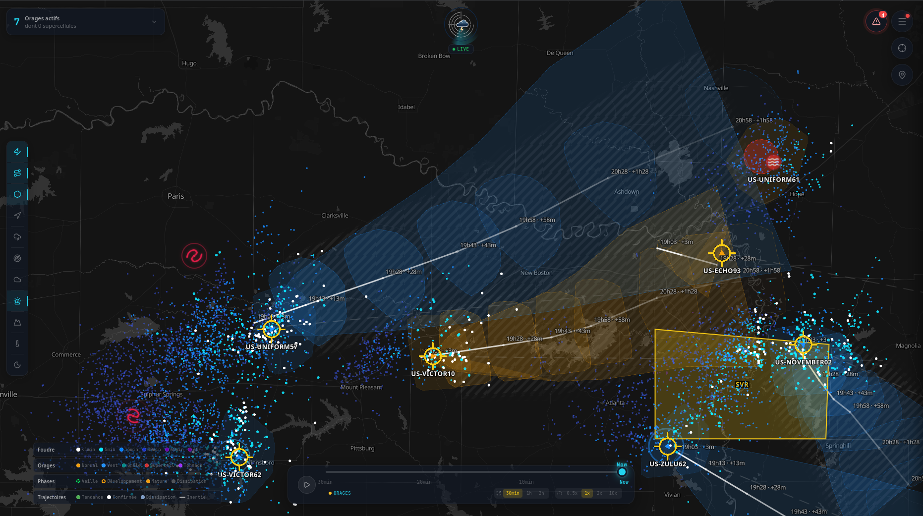 Trajectoires d'orages avec corridors de danger sur la carte Storm Predict (États-Unis)